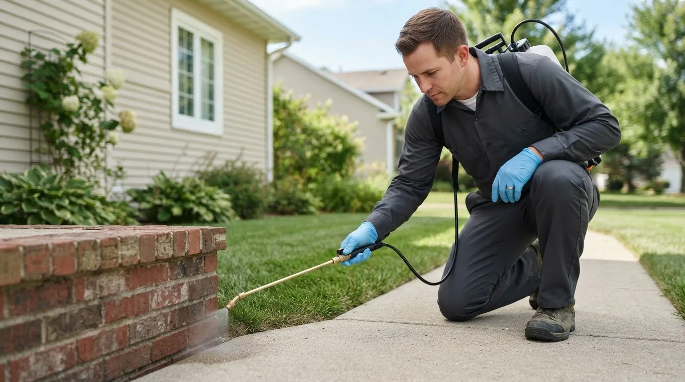 Pest control technician treating a home near Mansfield Center, CT
