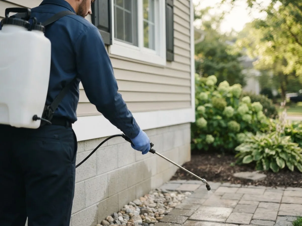 Pest control technician inspecting a home in Mansfield Center, CT